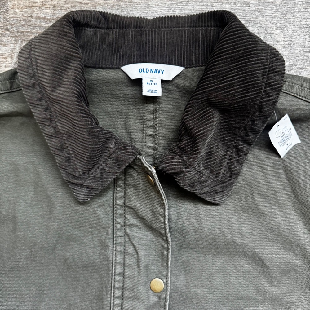 Old Navy Canvas Barn Jacket XL Petite Relaxed Olive Green Corduroy Collar NEW - Picture 3 of 9